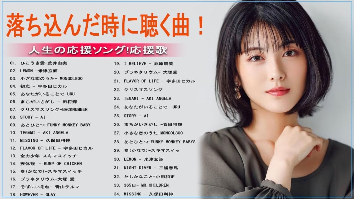 ヘッドフォンで音楽を聴く女性。夕日の草原で落ち込んだ気持ちを癒す。心に響くメロディーの応援ソングで、元気が出る曲が前向きな感情を呼び起こす様子。