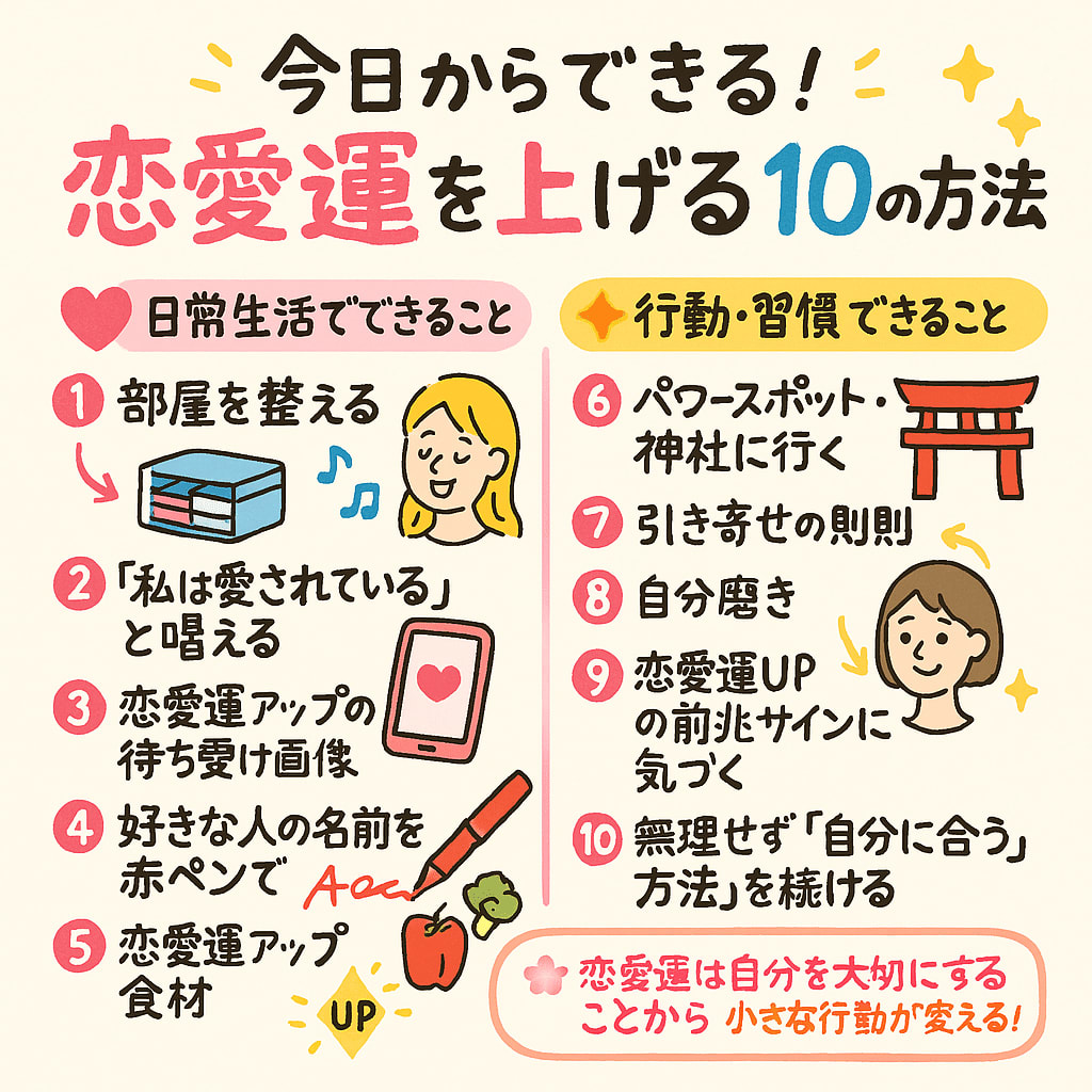 ピンク色の空の下、湖畔で過去の恋愛を乗り越えようと瞑想する女性。スピリチュアルな光が彼女を包み、恋愛運の好転を象徴する。